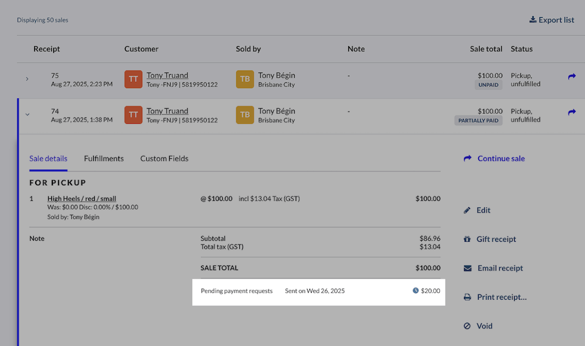 Sales details with Pending payment requests status highlighted.
