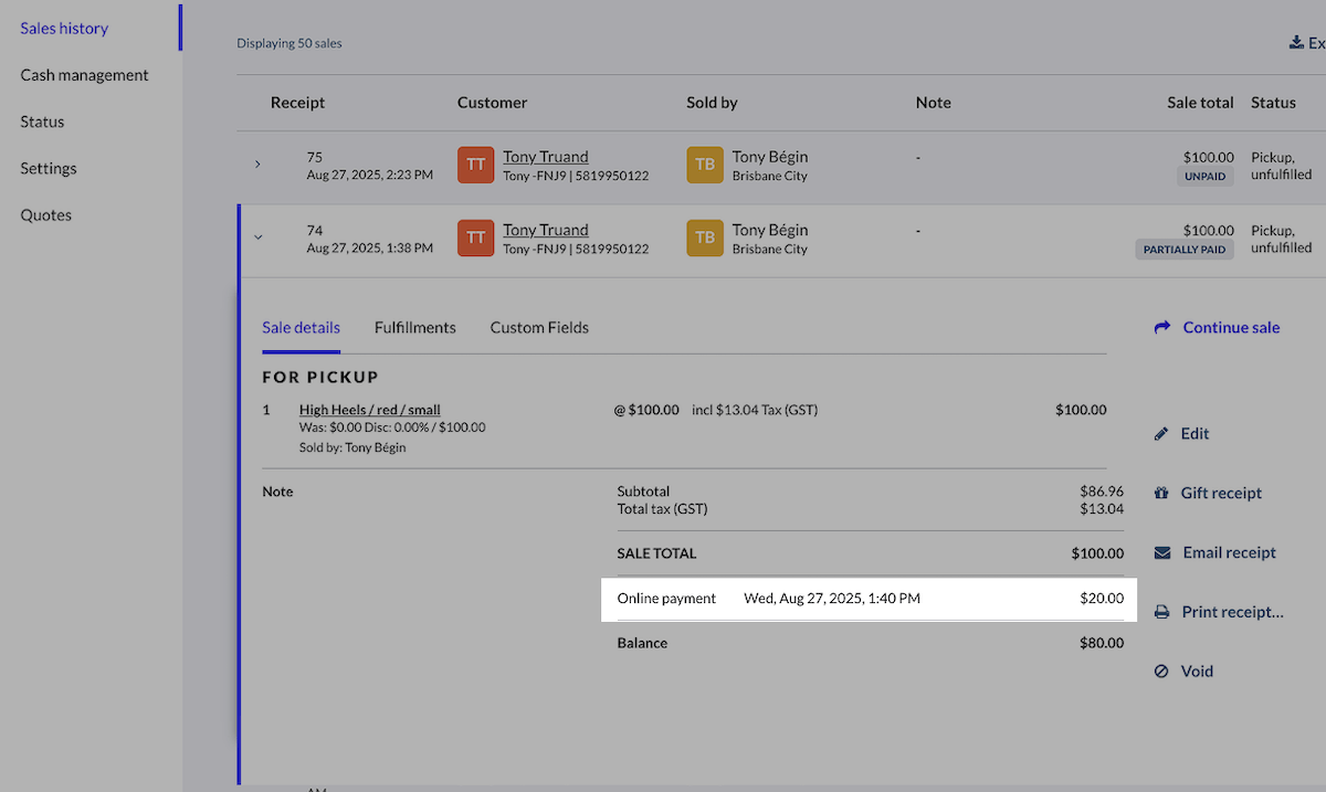 Sales details with Online payment amount highlighted.