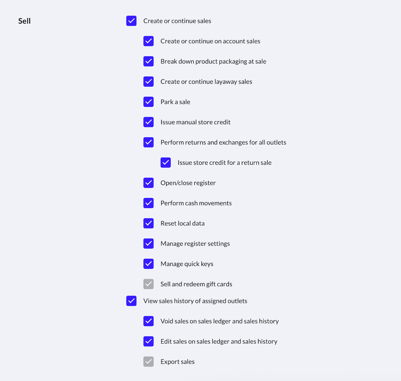 Section 'Ventes' avec toutes les autorisations activées.