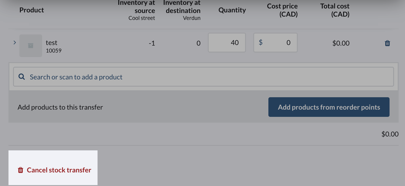 La page Modifier le transfert mettant en surbrillance le bouton Annuler le transfert de stock.