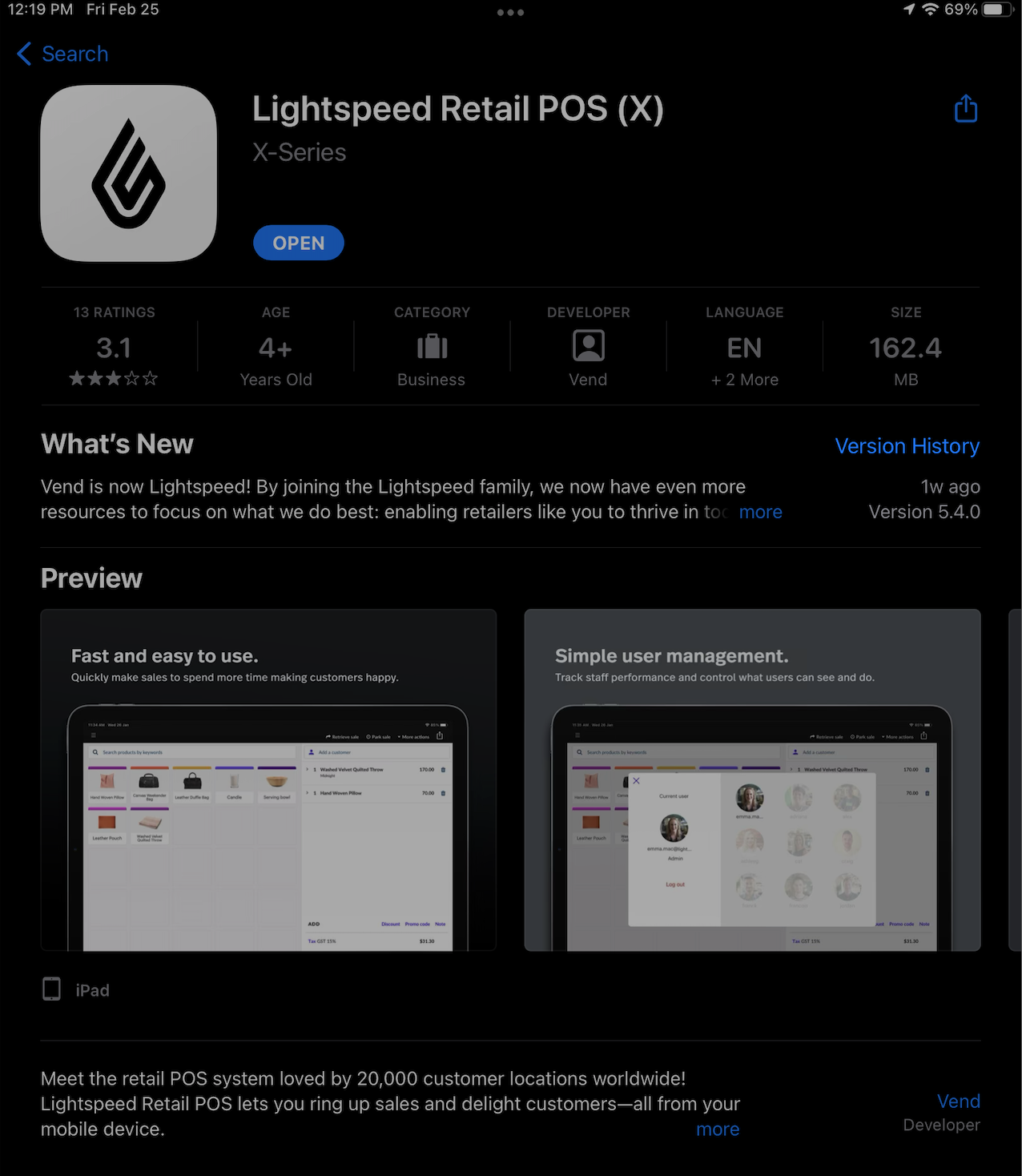 Lightspeed Retail POS (X) iOS app store page