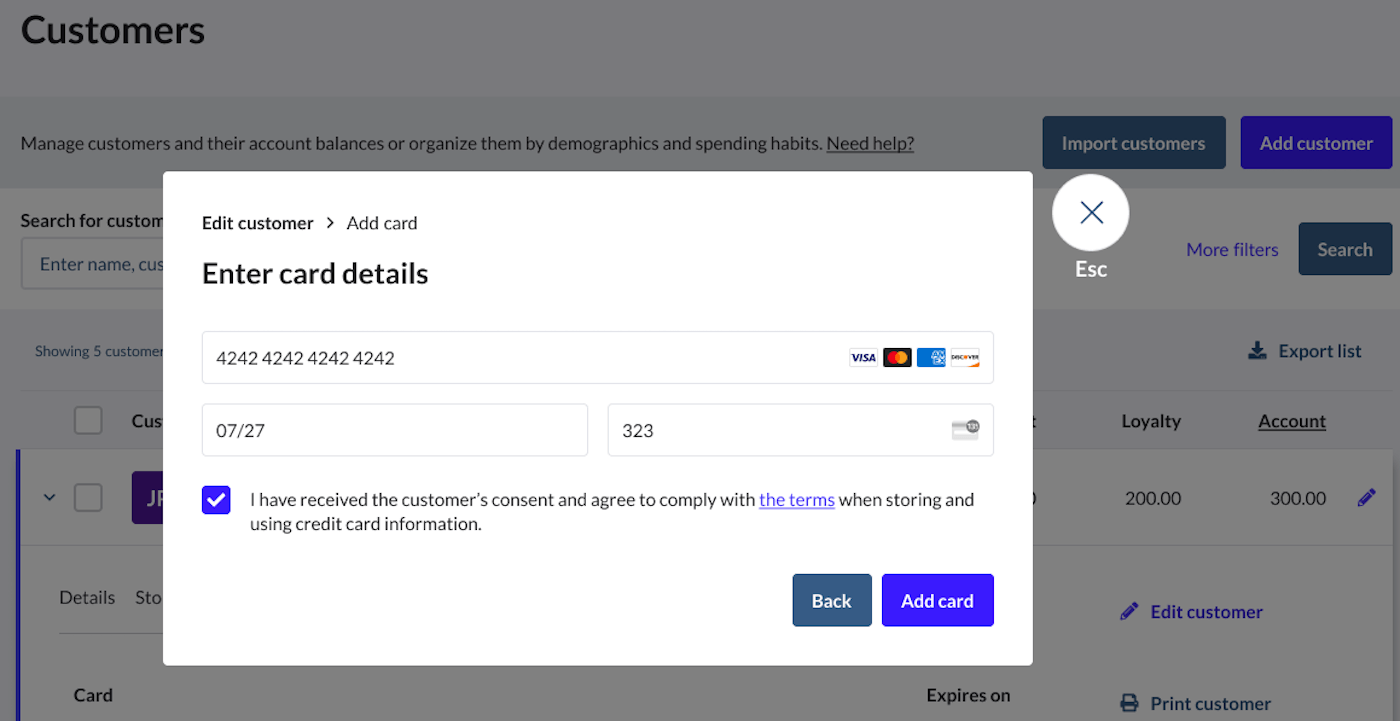 Payment details screen showing fields to enter card number and checkbox for permission to save customer payment information.