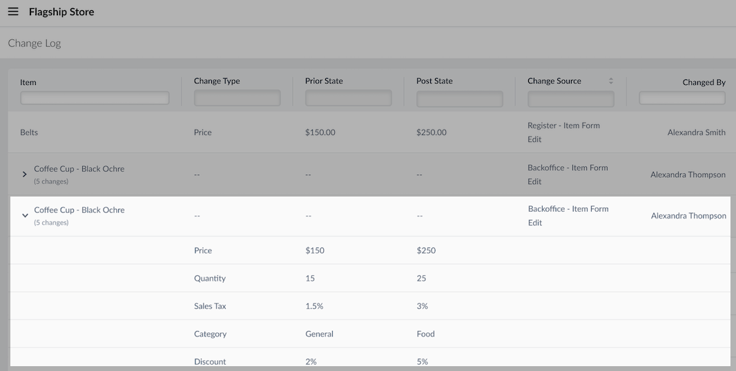 Expanded item view on the Change Log page.