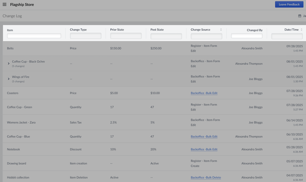 Change Log page with filters highlighted.