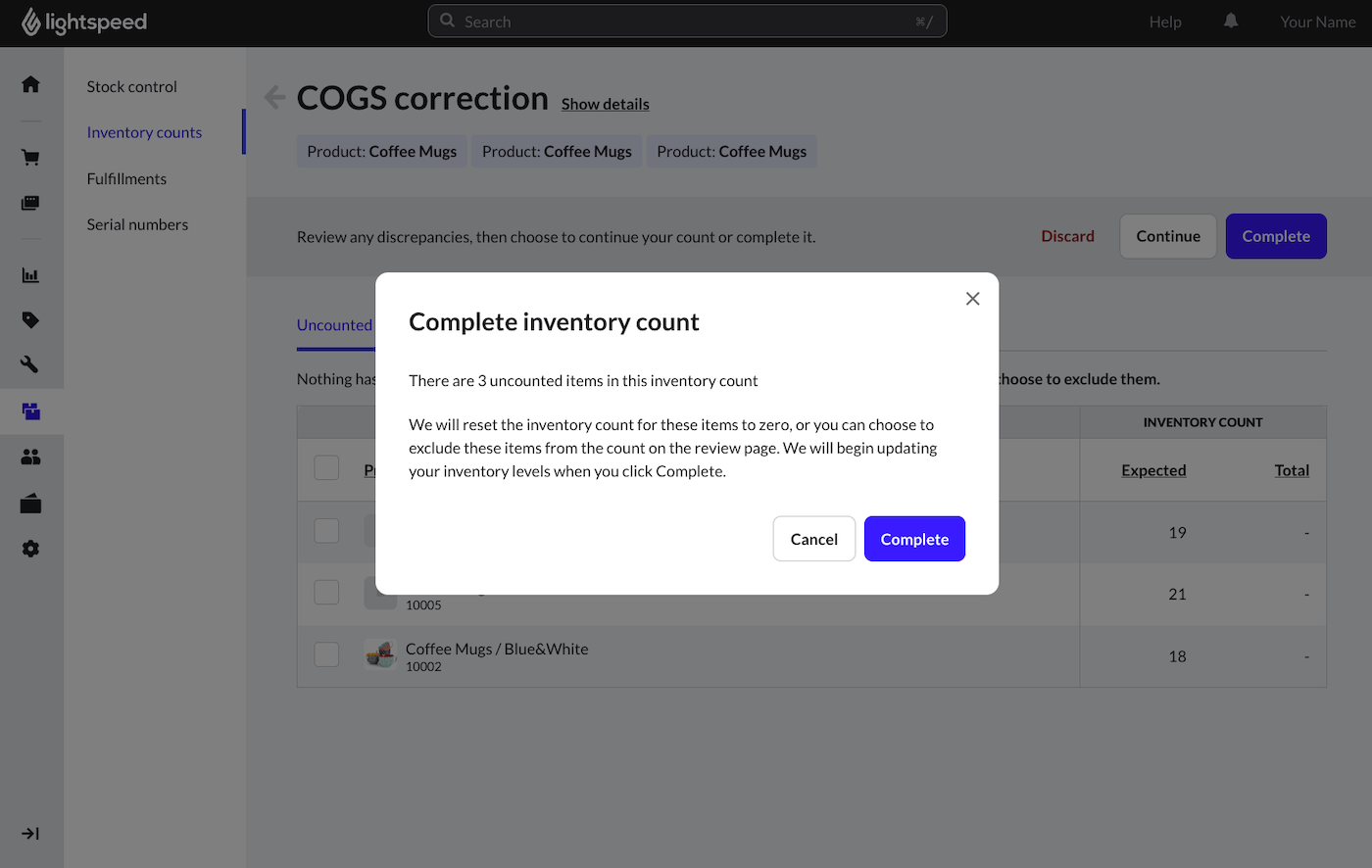 Pop-up window stating that inventory levels will be updated when Complete is selected.