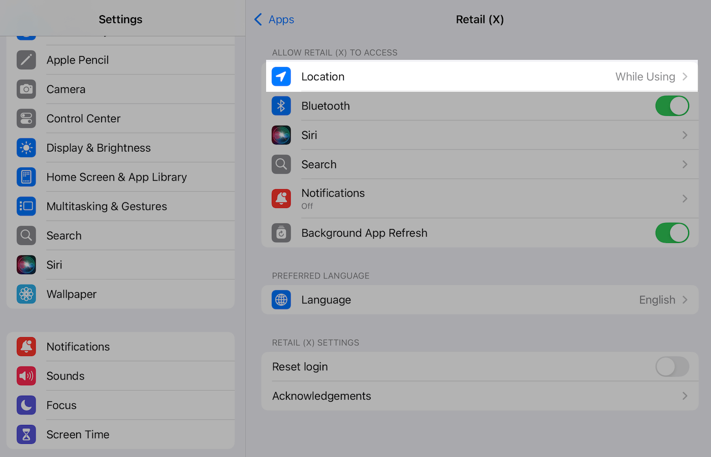 Réglages de l'application sur l'iPad avec mise en surbrillance de Service de localisation.