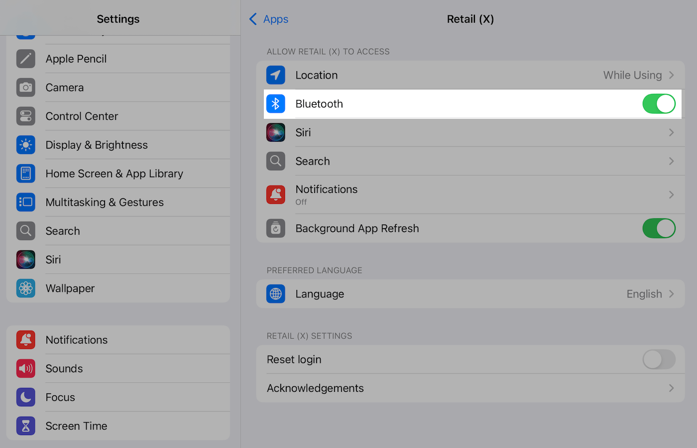 Page des réglages de l'application sur l'iPad avec le bouton bascule activé pour la fonctionnalité Bluetooth.
