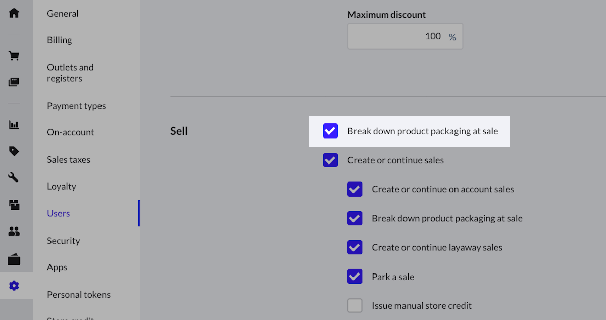 Page des autorisations des rôles d'utilisateurs avec l'option 'Diviser les produits lors de la vente'.