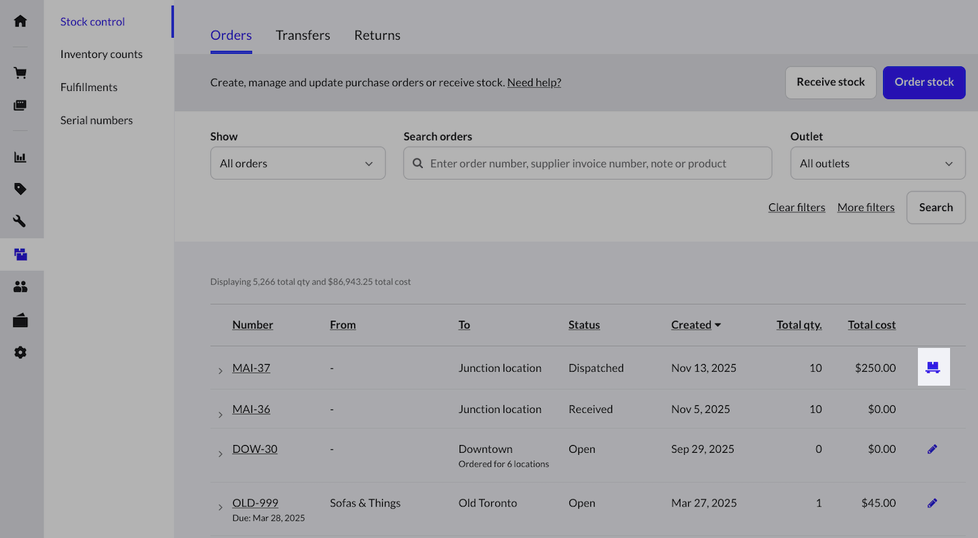 Page Gestion des stocks, l’icône de réception d’une commande est mise en surbrillance.
