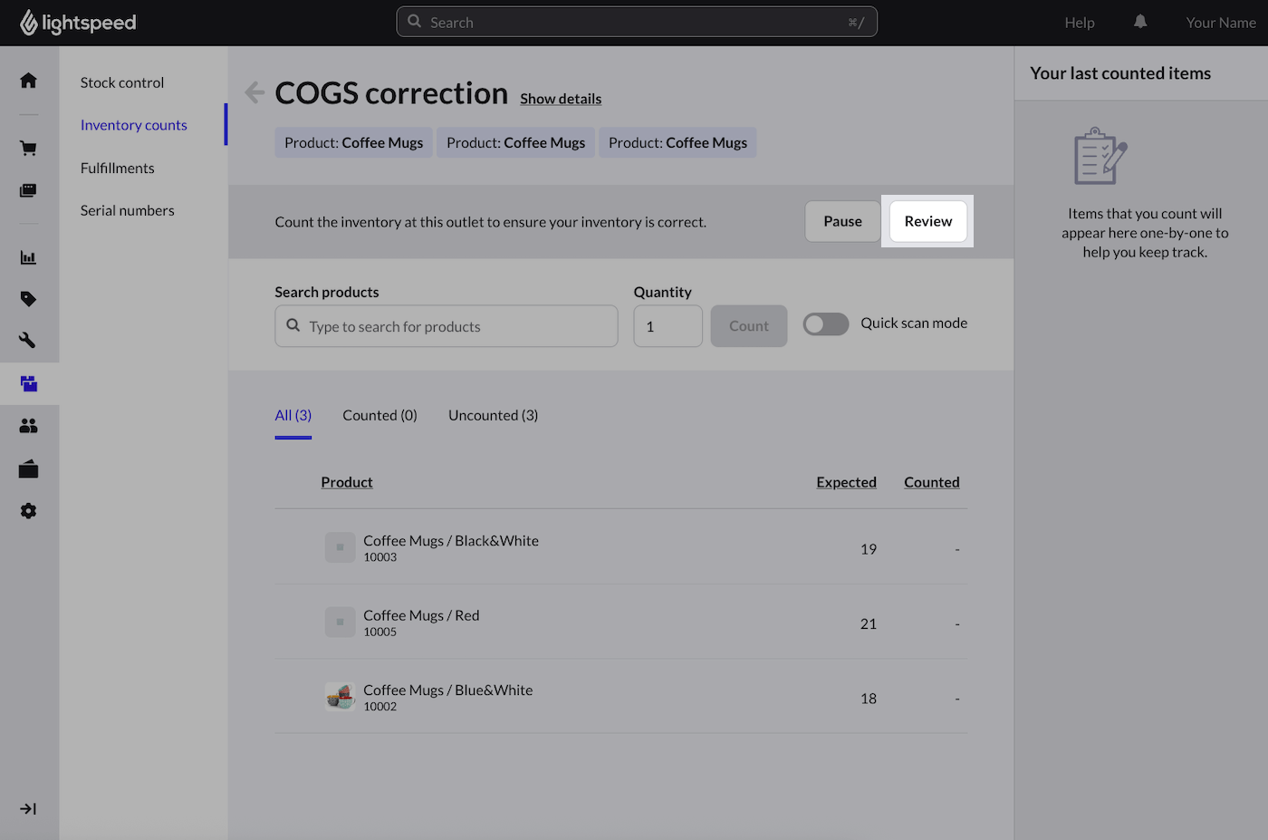 Page de correction CMV avec le bouton Passer en revue mis en évidence.