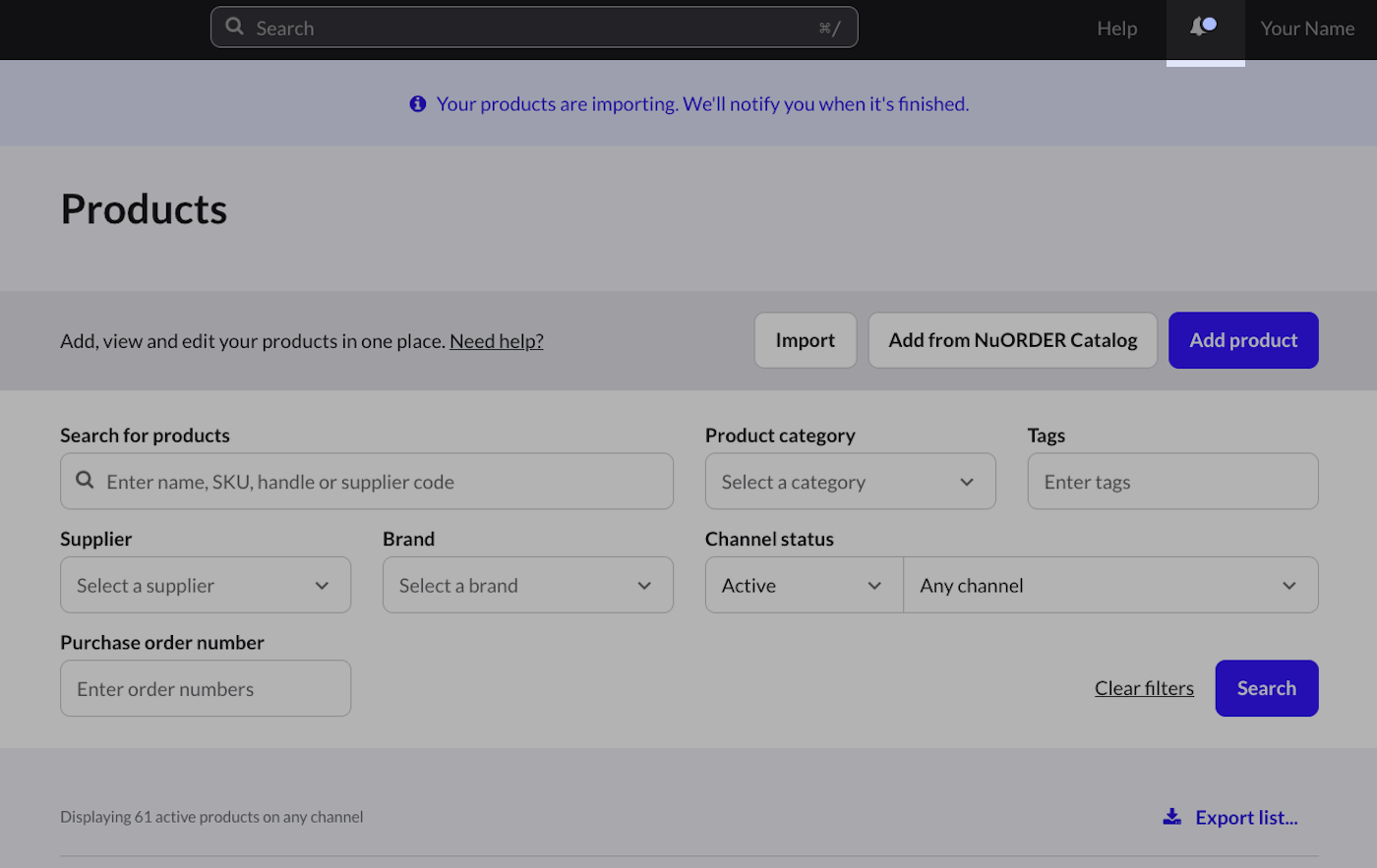 Products page with notification icon emphasized, showing notification dot.