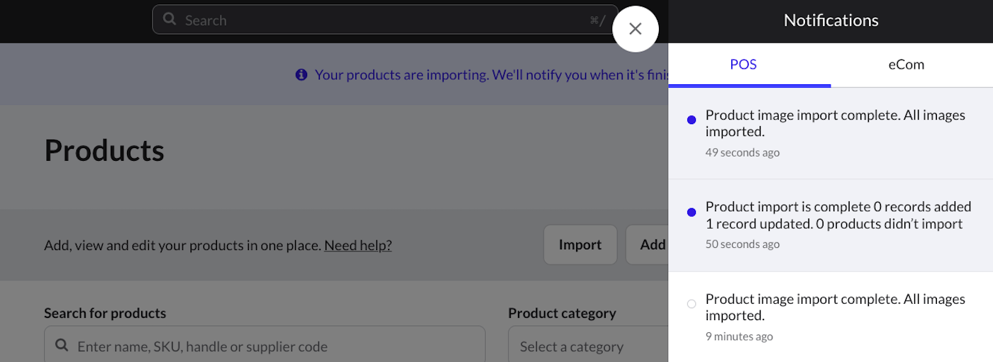 Notifications pop-out showing that the import was completed with all images imported.