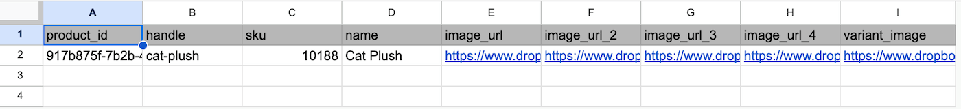 Spreadsheet with multiple image_url columns and variant_image column.