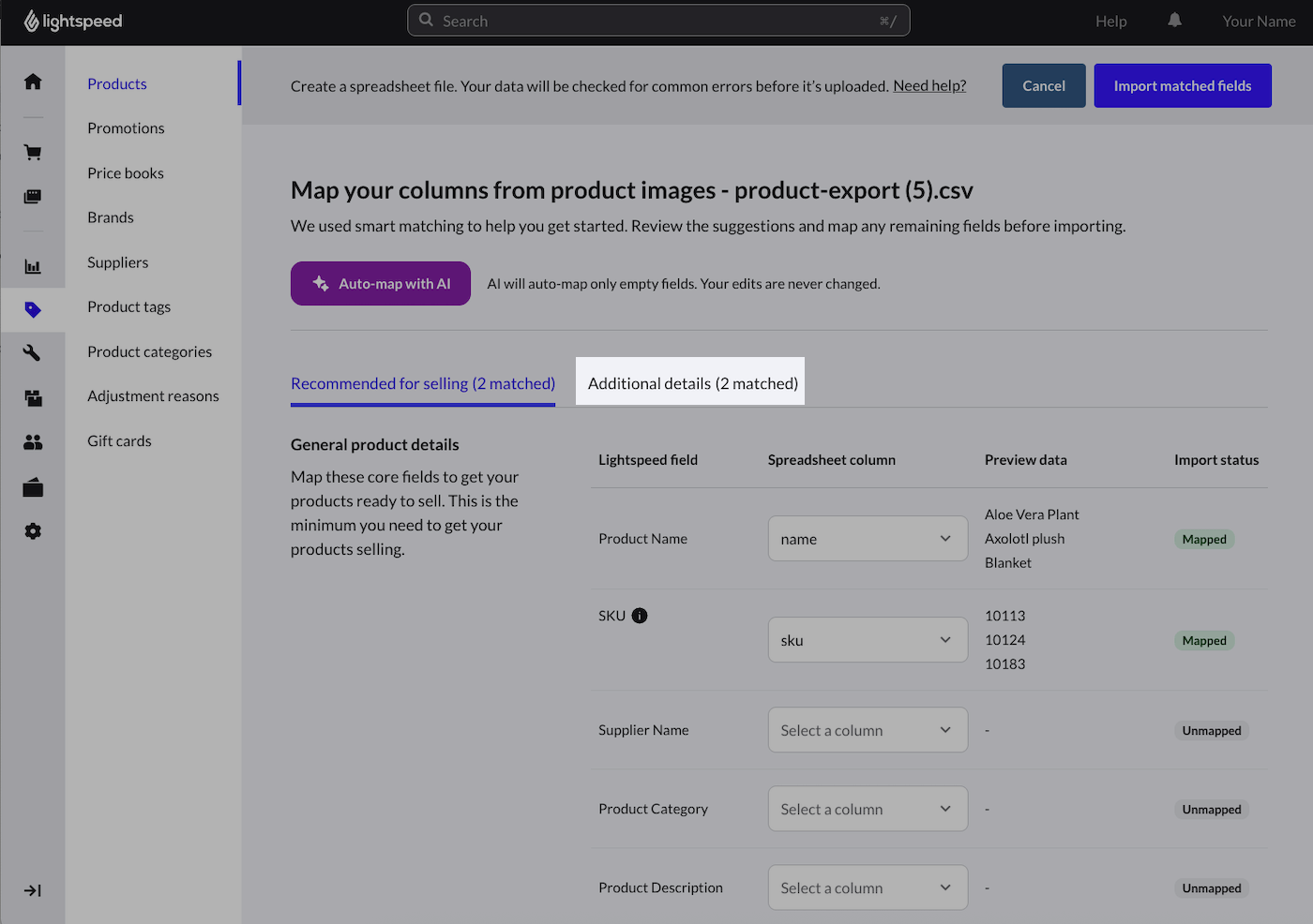 Map columns page with Additional details tab emphasized.