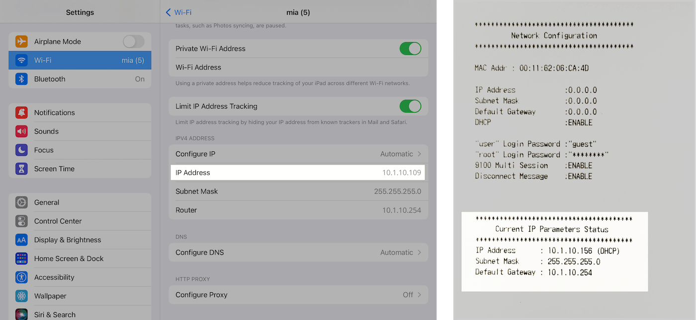 L'adresse IP de l'iPad et l'adresse IP de l'imprimante, toutes deux commençant par 10.1.10.xx.