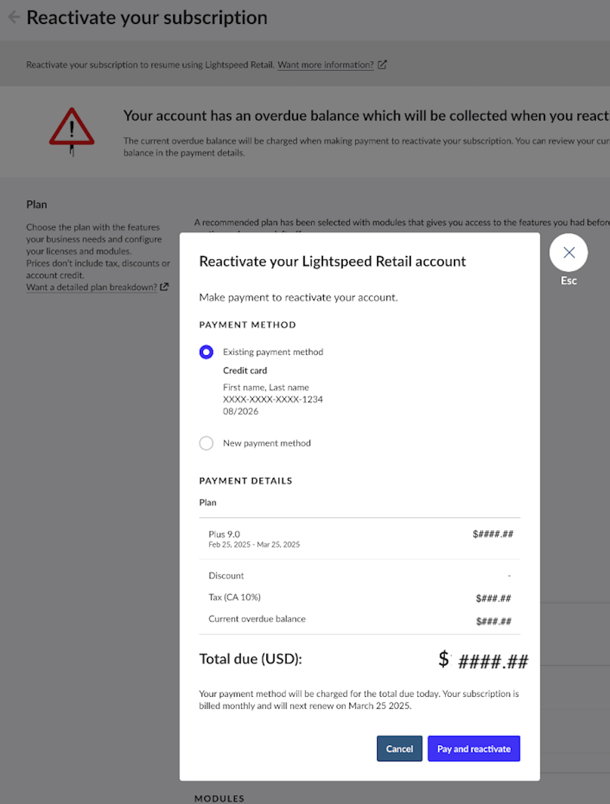 Pop-upvenster om je account opnieuw te activeren met opties voor de betaalmethode en betaalgegevens.