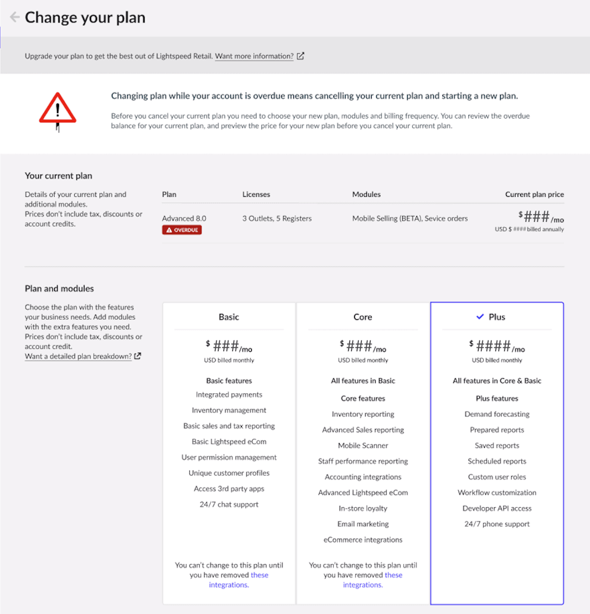 Page 'Changer de forfait' avec le forfait 'Plus' sélectionné.