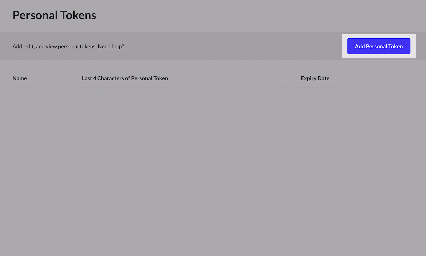 Pagina met persoonlijke tokens met de knop voor het toevoegen van een persoonlijke token.