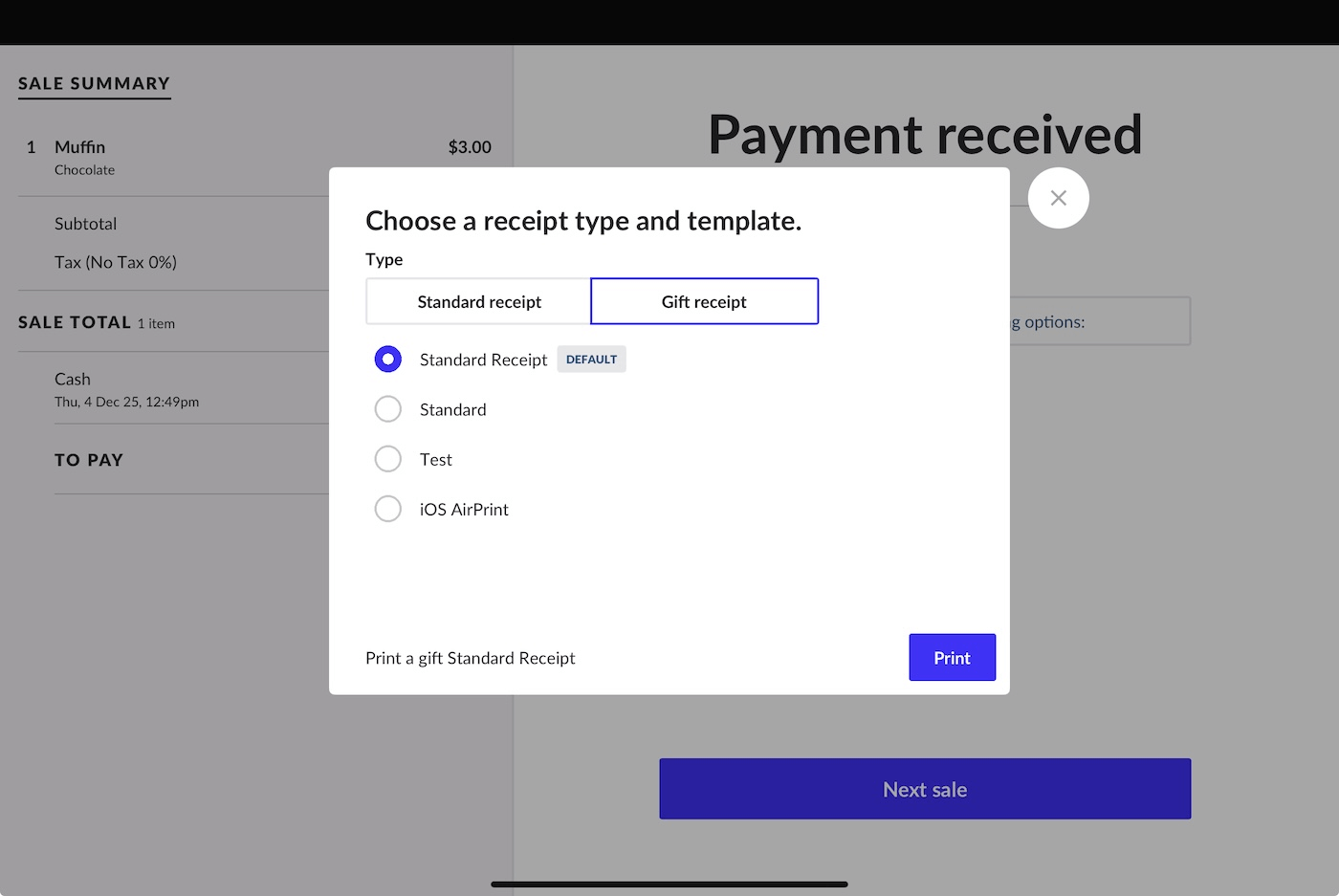 Pop-up op de iPad met optie voor type kassabon waarbij Kassabon zonder prijzen is geselecteerd.