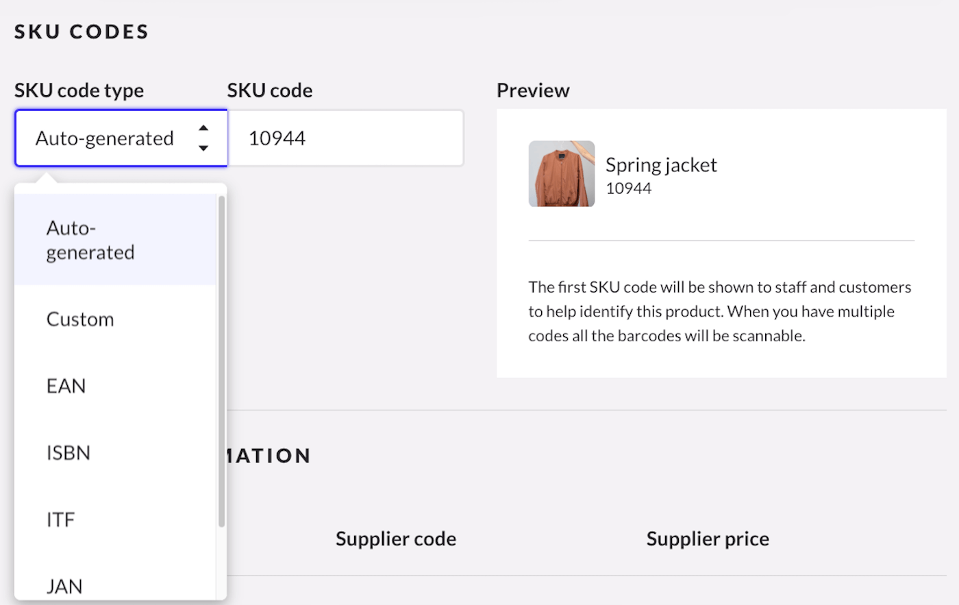 Gedeelte SKU-codes waarin de opties uit de vervolgkeuzelijst onder Type SKU-code te zien zijn.