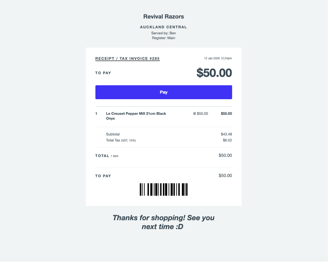 Sample email showing Pay button.