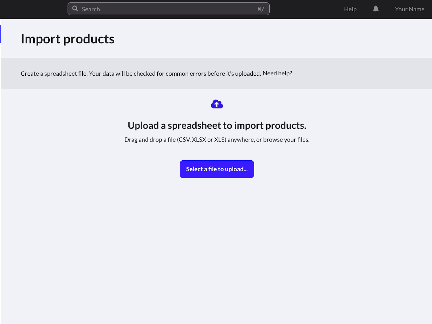 Page d'importation des produits avec l'option « Sélectionner un fichier à téléverser... »