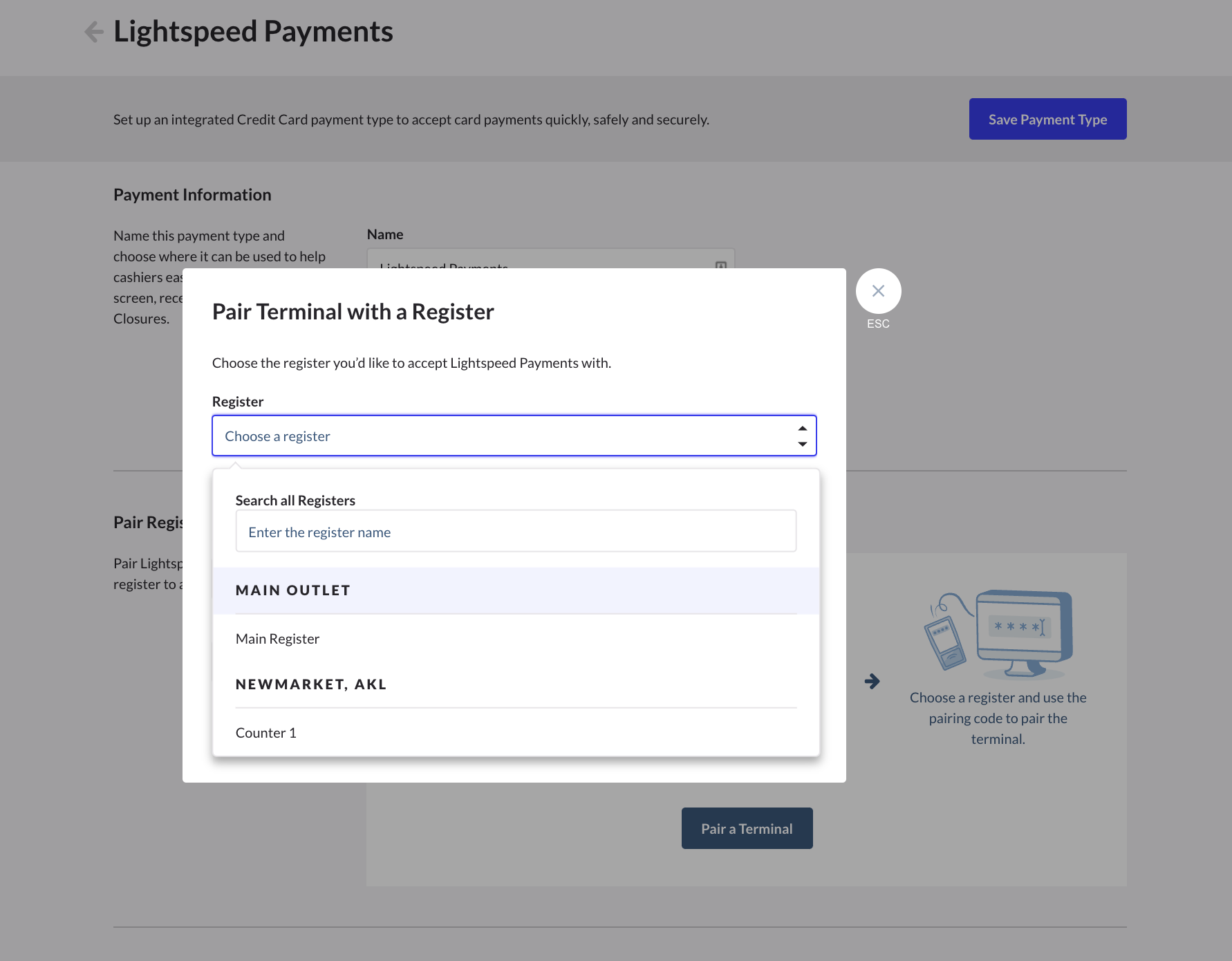 Lightspeed Payments pairing screen with the Register dropdown highlighted.