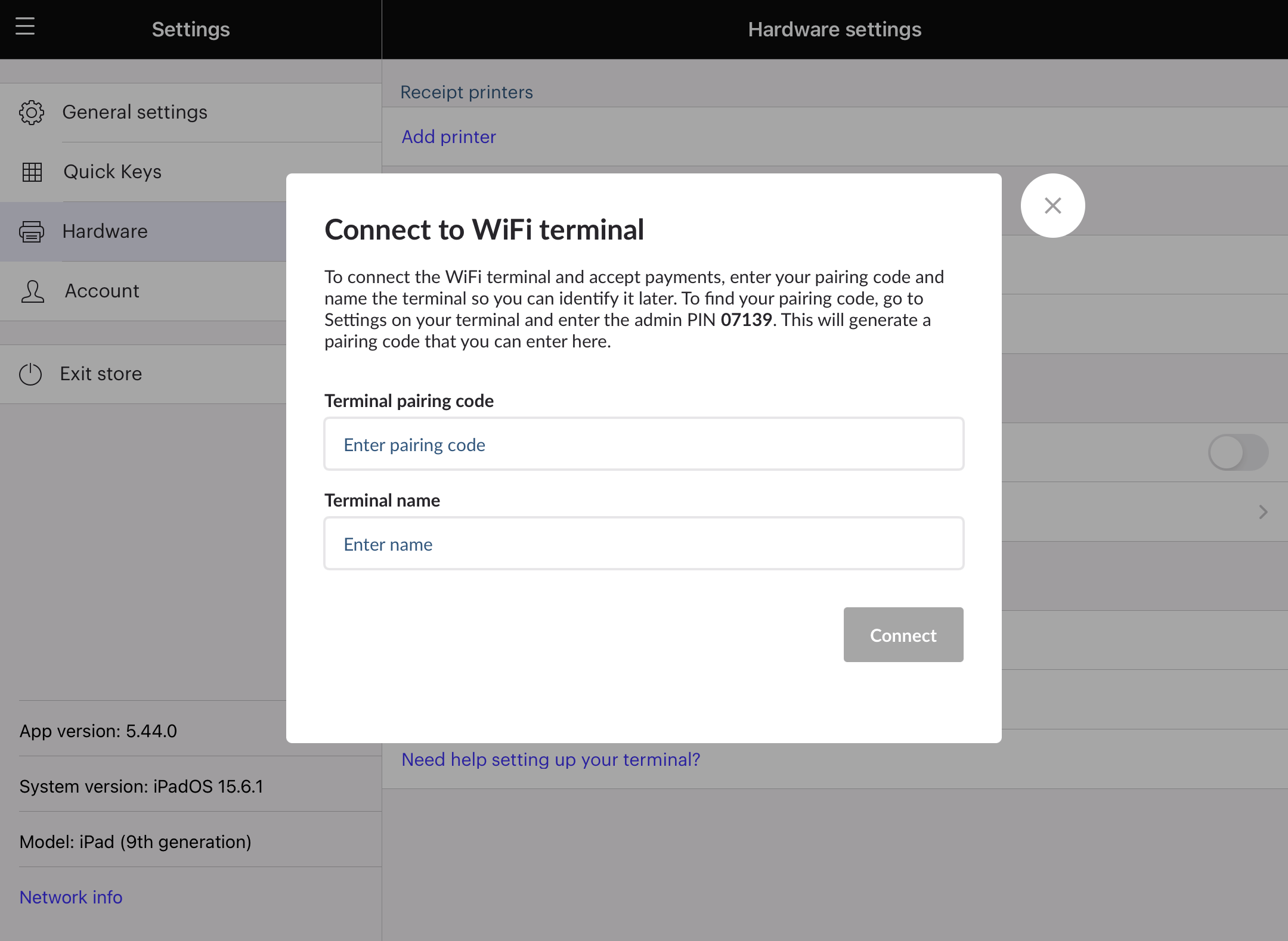 Connect to WiFi terminal page with fields to enter terminal pairing code and terminal name.