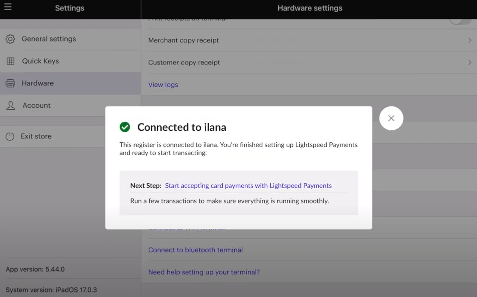 Hardware settings page with confirmation that the terminal is paired and connnected.
