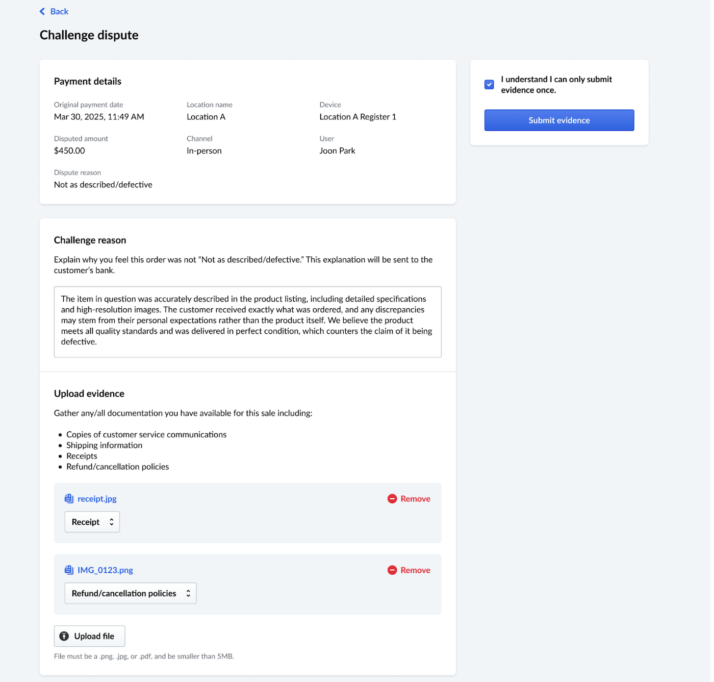 Page Réfuter la contestation avec un exemple de motif de réfutation.