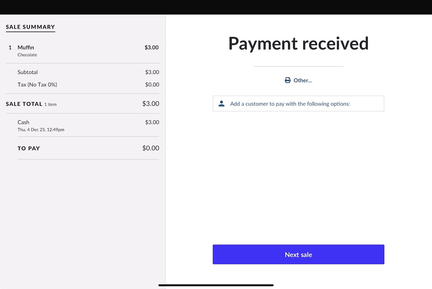 Page Paiement reçu sur iPad affichant l'option Autres...
