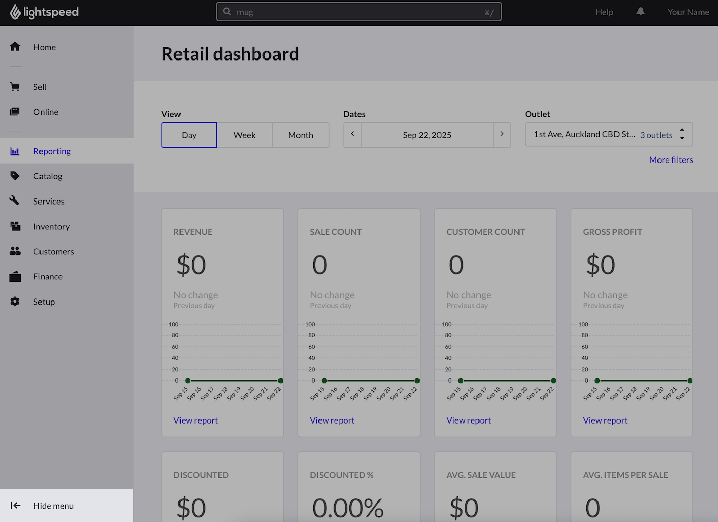 Het menu Rapportage met het Retaildashboard. De optie 'Menu verbergen' is uitgelicht.