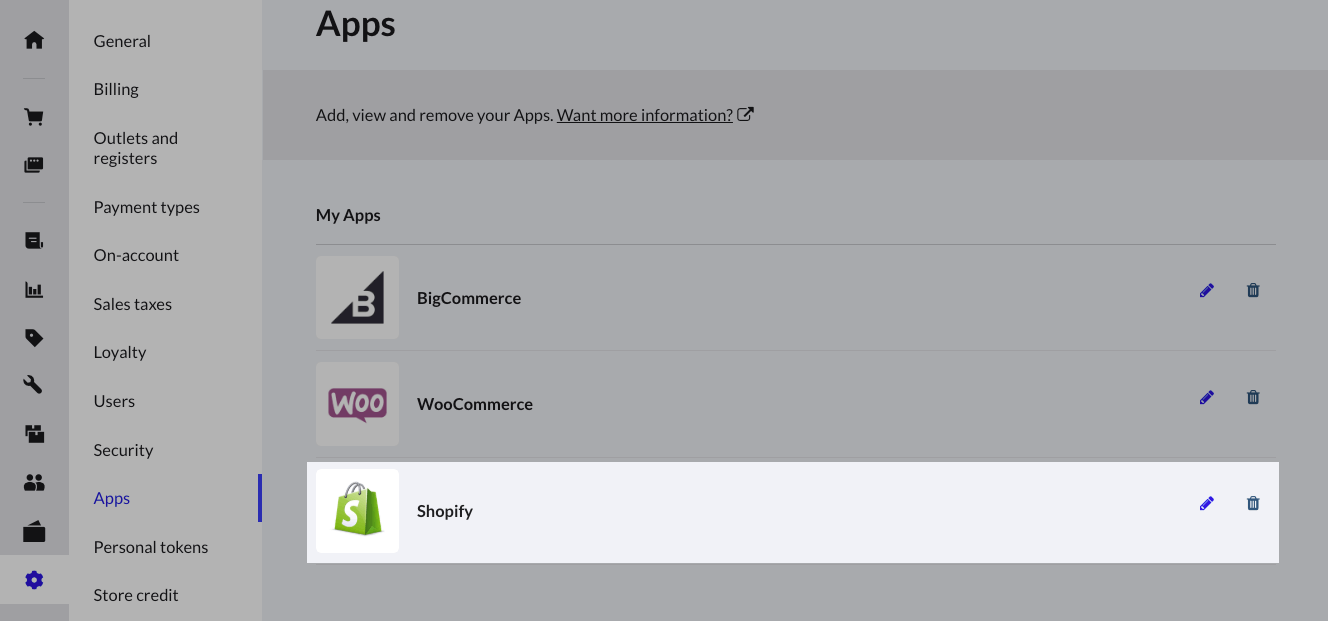 Apps page, highlighting the Shopify app.