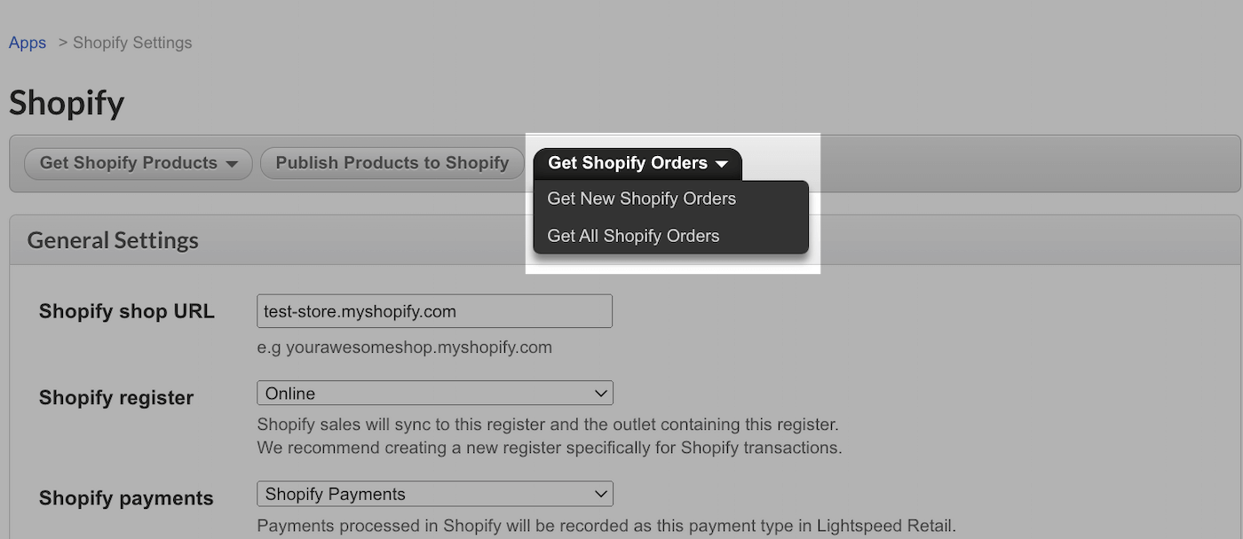 The Shopify Settings page with the Get Shopify Orders drop-down menu highlighted.