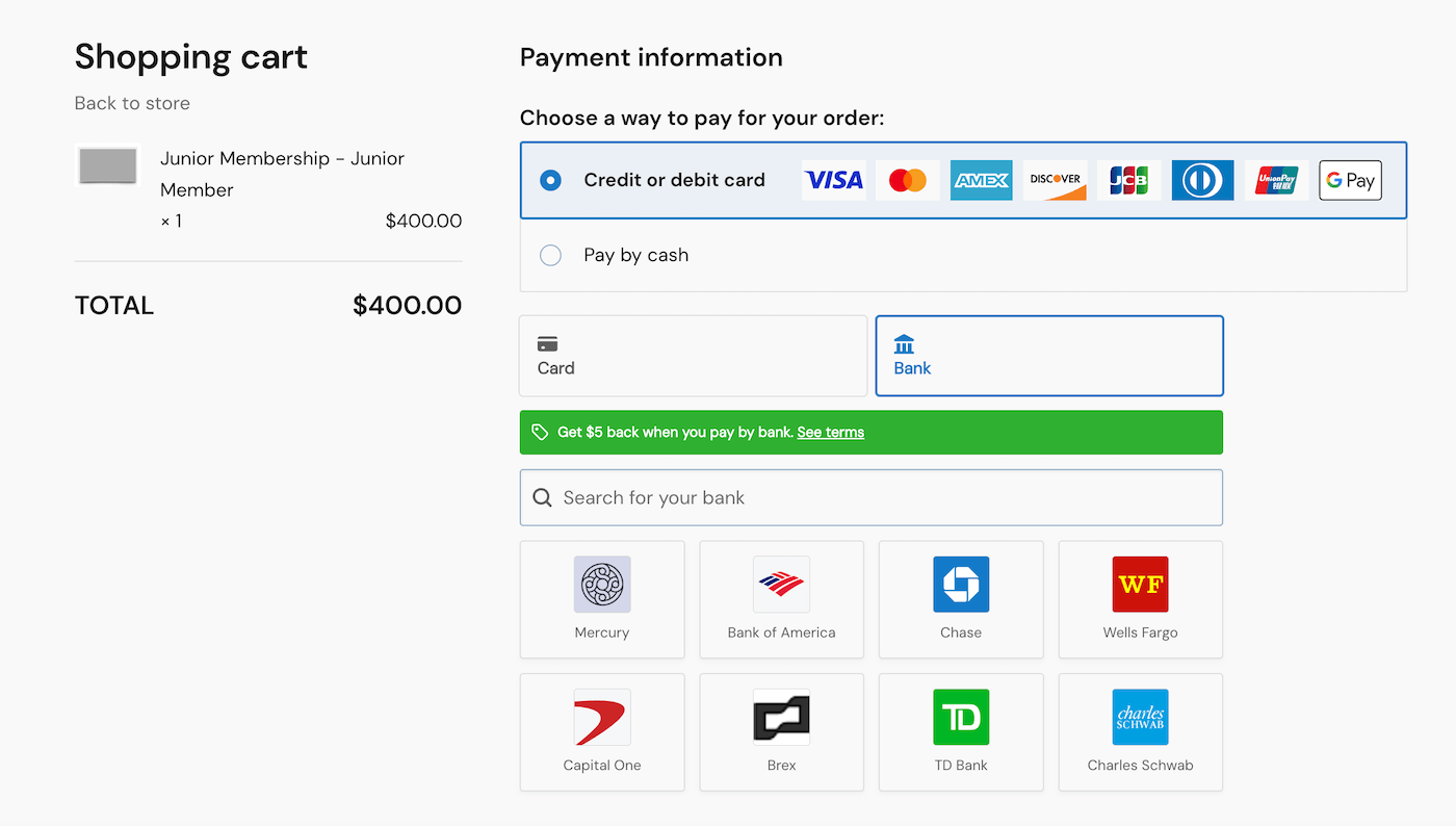 Écran de passage à la caisse affichant l'option de paiement bancaire instantané.