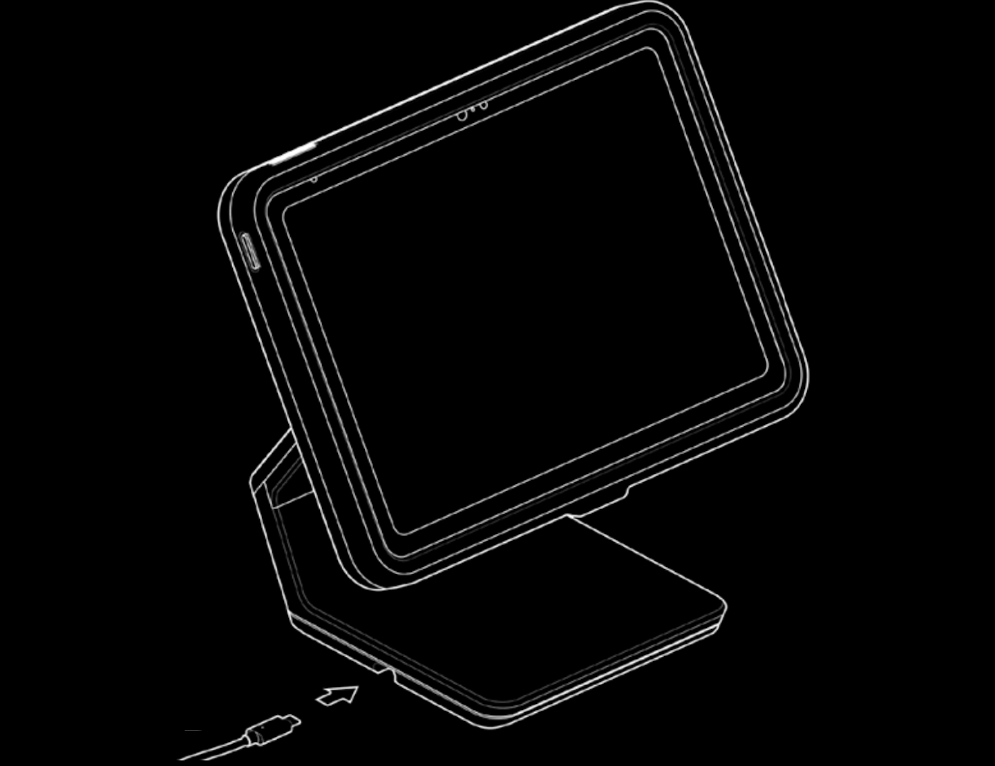 Illustratie van een Lightspeed-standaard waarop is te zien hoe de USB-C-stroomkabel links in de voet van de standaard wordt gestoken.