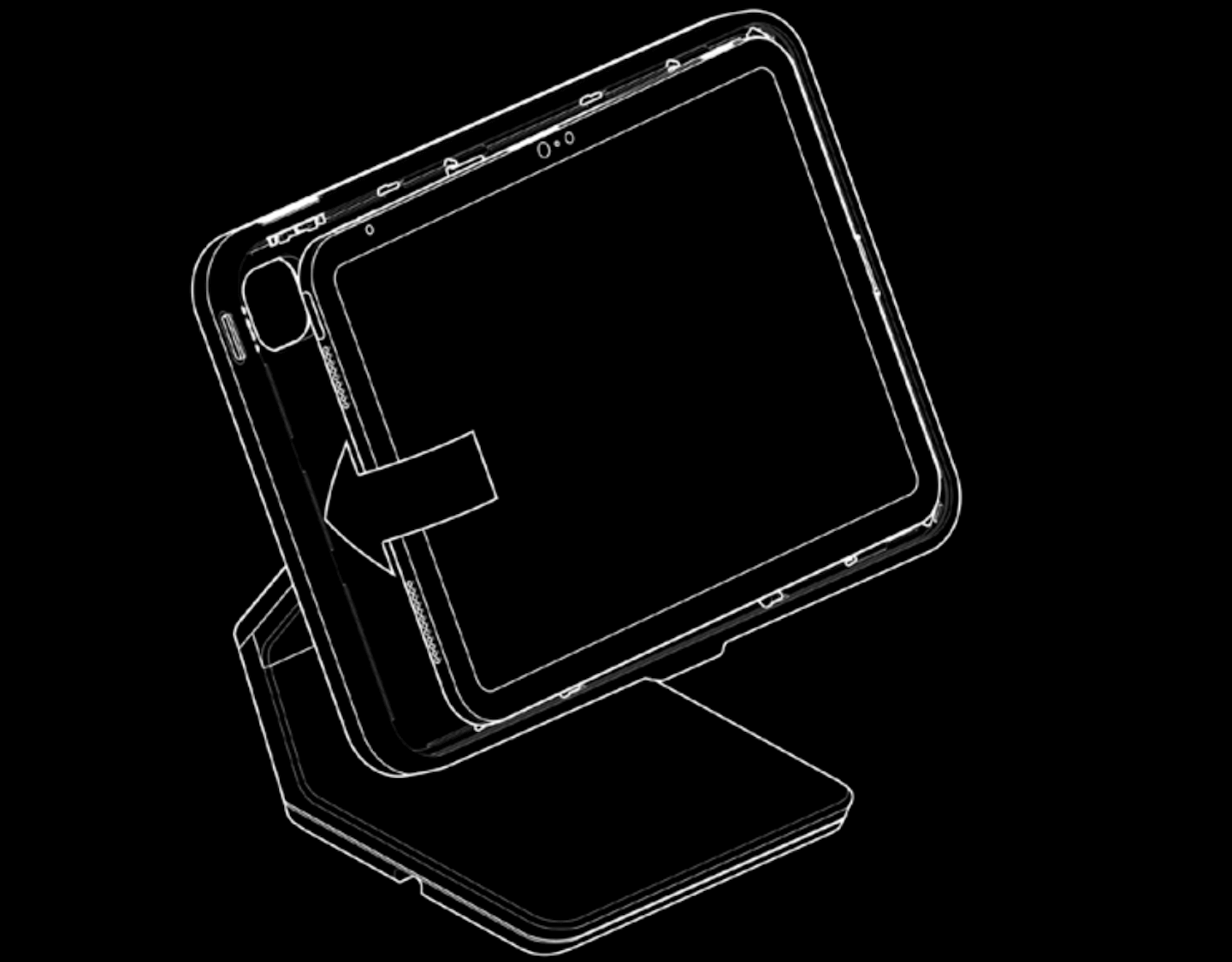 Illustratie van een Lightspeed-standaard waarin een iPad is geplaatst. Een pijl geeft aan hoe de iPad over het oppervlak van de standaard wordt geduwd.