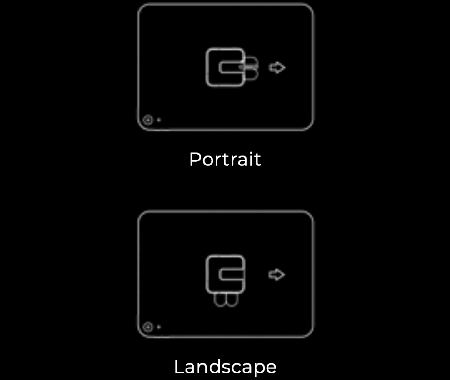Illustratie van een plaat om een tablet op een universele standaard te bevestigen. De plaat wordt bevestigd op de achterkant van de tablet, waarbij de plakstrips zijn geplaatst conform de stand van de iPad: staand of liggend.