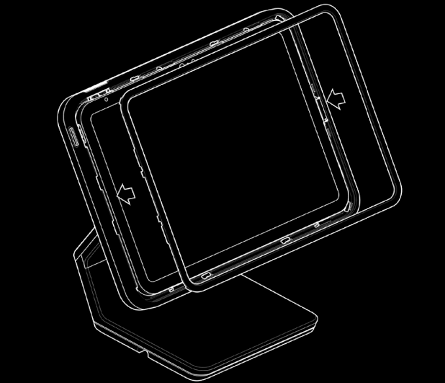 Illustratie van een Lightspeed-standaard waarvan de rand over de randen van de iPad is geplaatst.