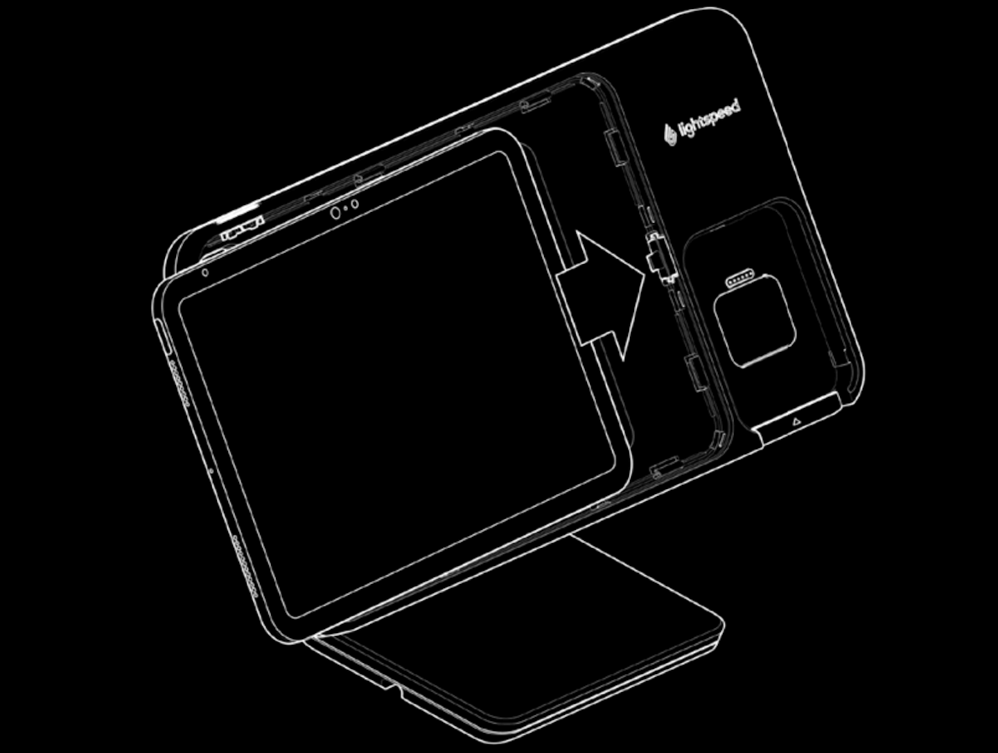 Illustratie van een Lightspeed-standaard met betaaloptie waarop een iPad wordt geplaatst. Een pijl laat zien hoe de iPad naar rechts in de standaard wordt geschoven.