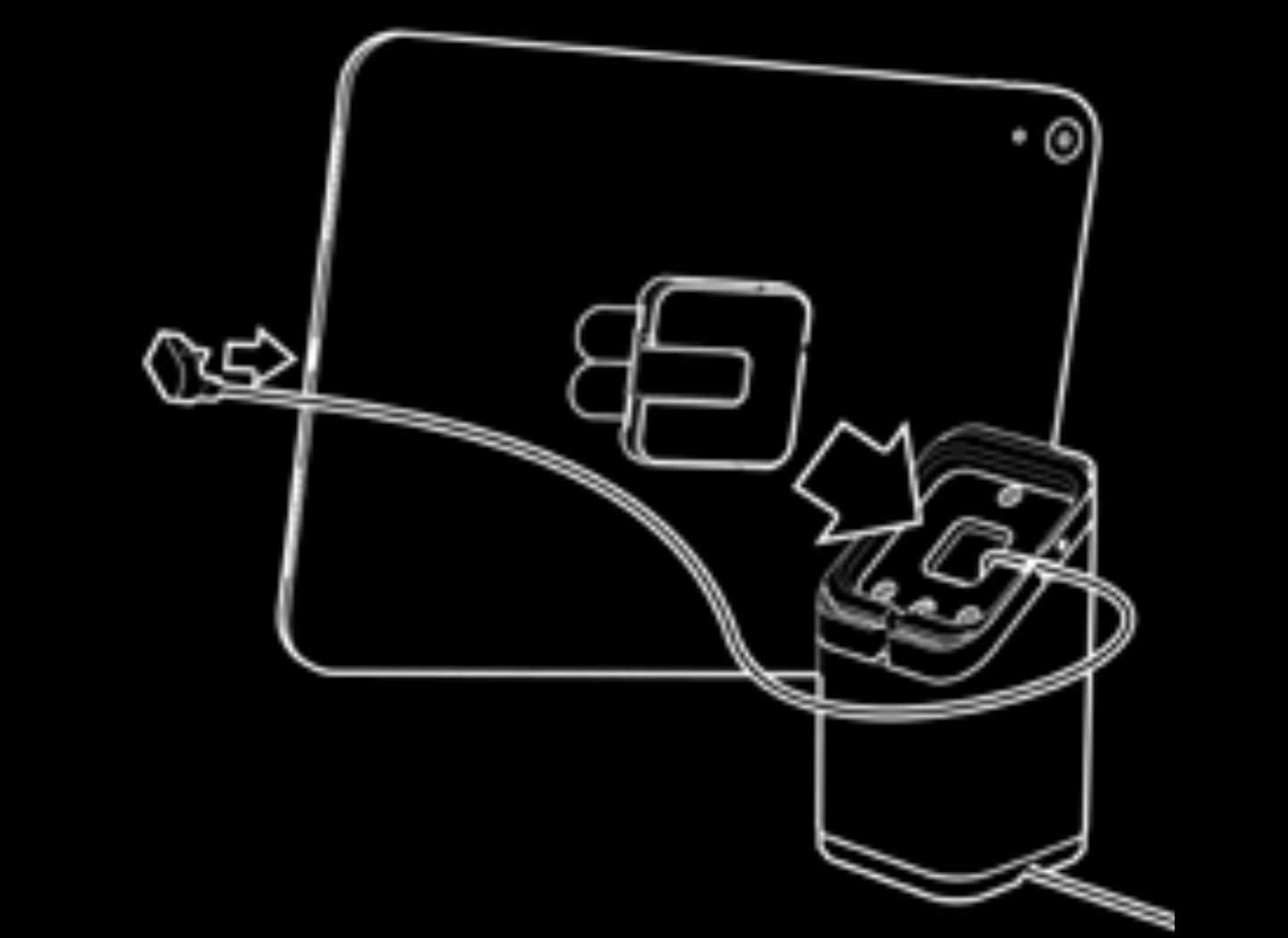 Illustratie van een universele standaard waarop is te zien hoe de kabel in de tablet wordt gestoken en hoe de tablet op de voet wordt geplaatst.