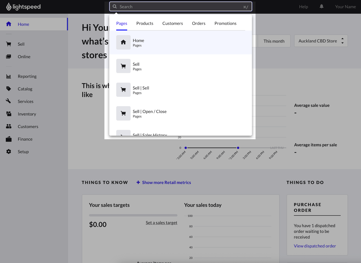 Tableau de bord de la page d'accueil avec la barre de recherche mise en évidence. Des options permettent de rechercher des pages, des produits, des clients, des commandes ou des promotions.