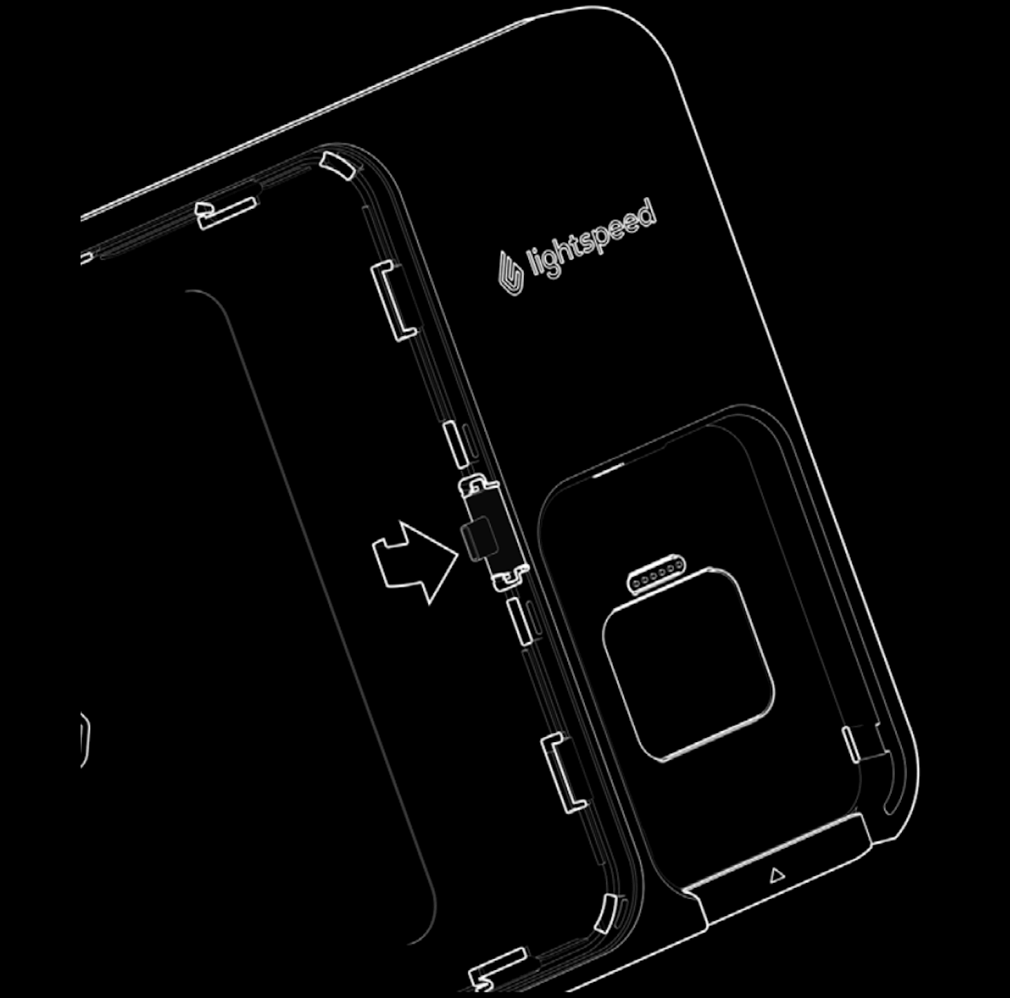 Illustration représentant le Support Lightspeed avec dispositif de paiement intégré, une flèche montre le connecteur USB-C.