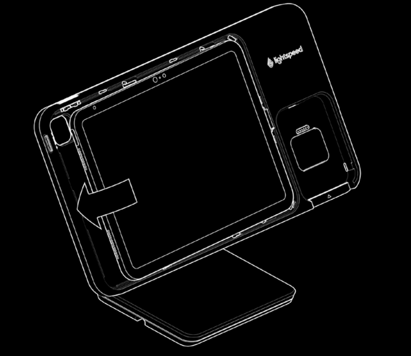 Illustration représentant l’iPad en train d’être inséré sur le Support Lightspeed avec dispositif de paiement intégré. Une flèche montre que l’iPad est clipsé sur le support.