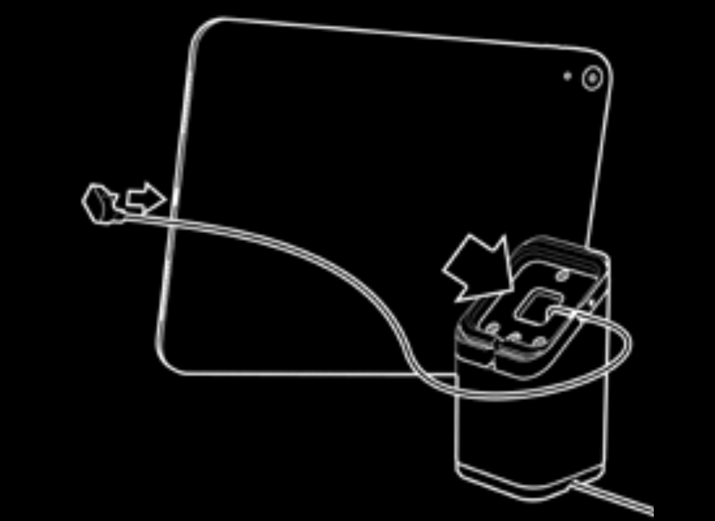 Illustration représentant le câble passant par le Support universel pour tablettes, la longueur du câble est adaptée et permet d’atteindre le port de la tablette.