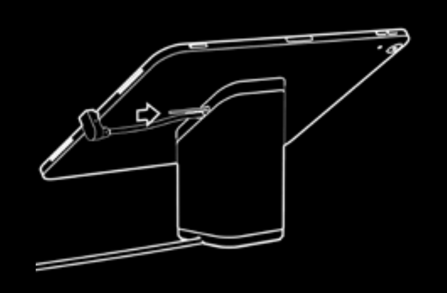 Illustration représentant la tige de verrouillage insérée dans le Support universel pour tablettes, juste en dessous de la tablette.