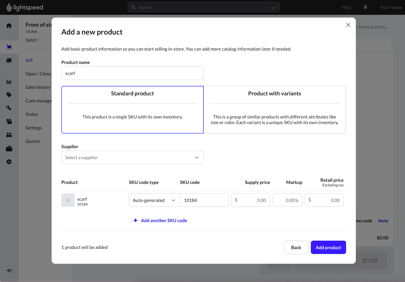 Pop-upvenster 'Nieuw product toevoegen' met velden voor productgegevens.