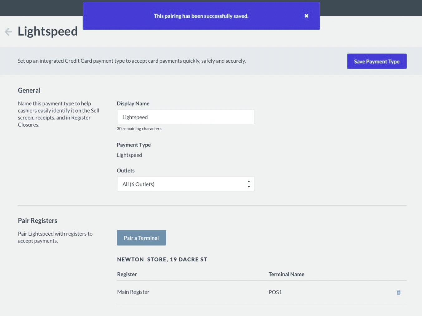 L'écran de jumelage de Paiements Lightspeed. Une bannière confirme le jumelage du terminal.