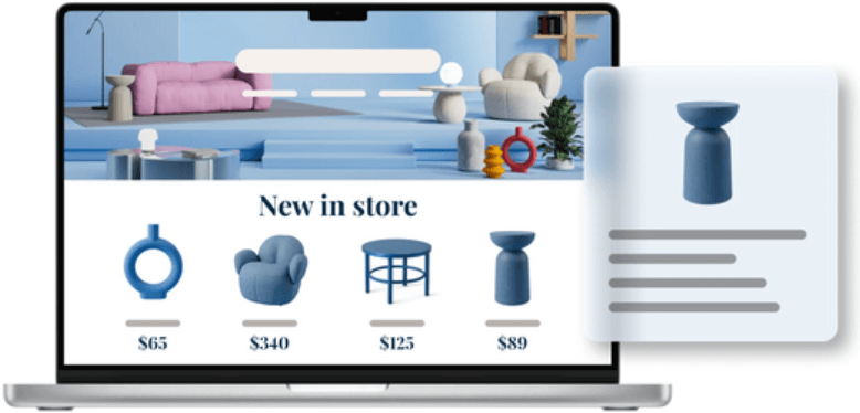 Ordinateur portable montrant une vitrine eCom et un exemple de produit.