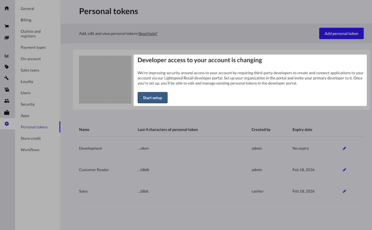 The Personal tokens page highlighting the Developer access banner.